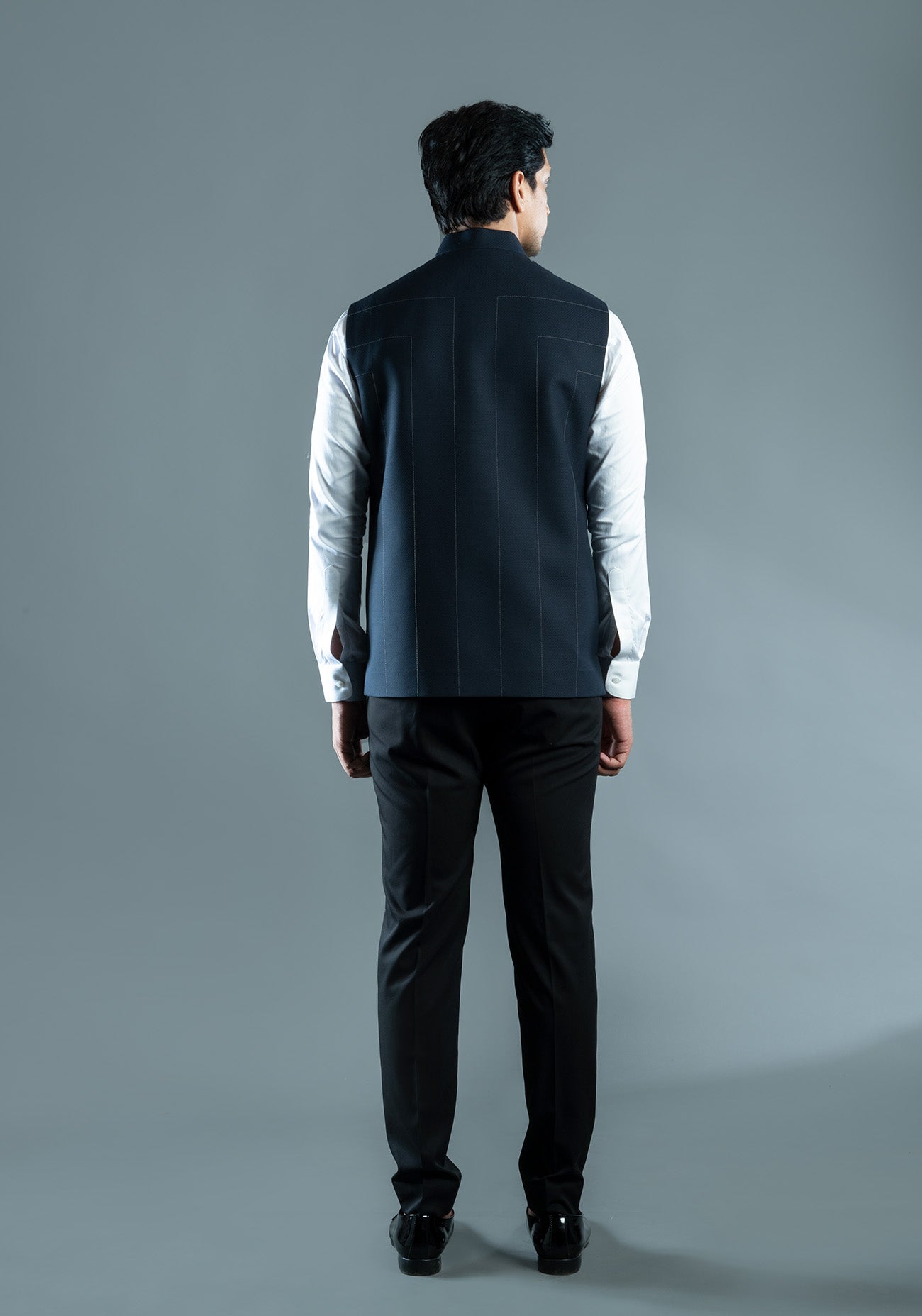 Navy Blue Textured Nehru Jacket