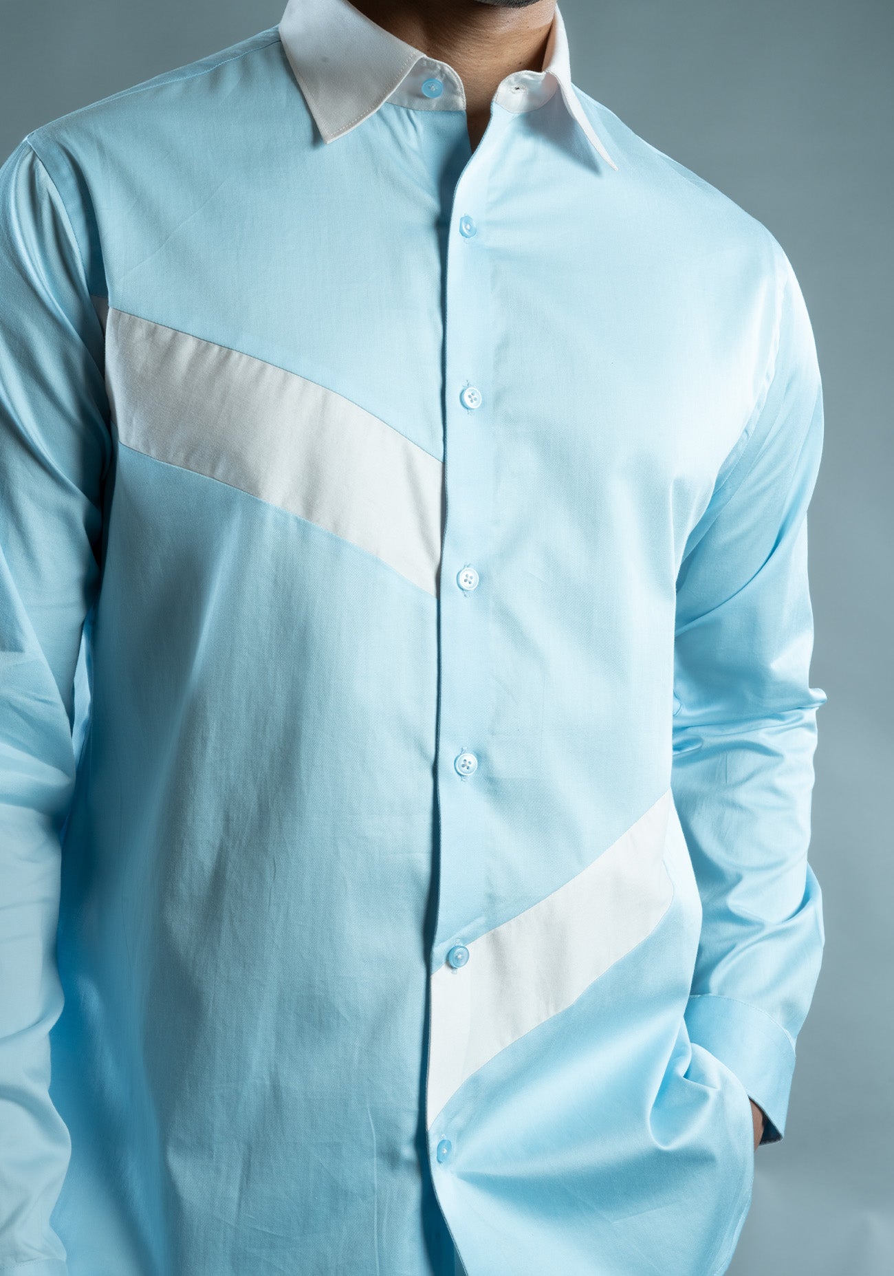 Powder Blue & White Cotton Color Block Shirt