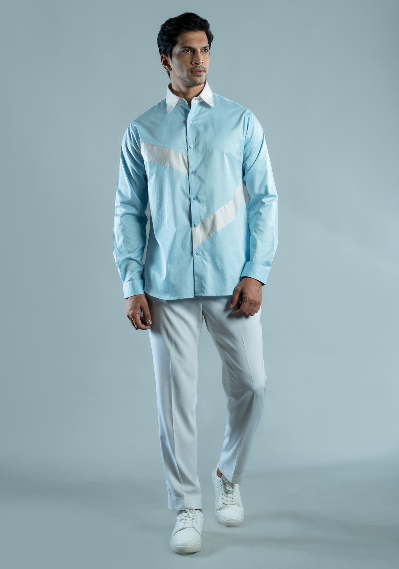 Powder Blue & White Cotton Color Block Shirt