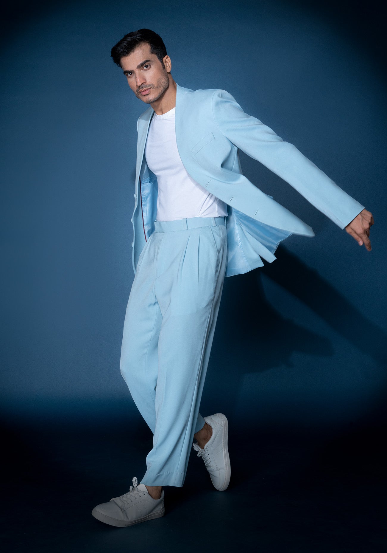 Sky blue collarless jacket set