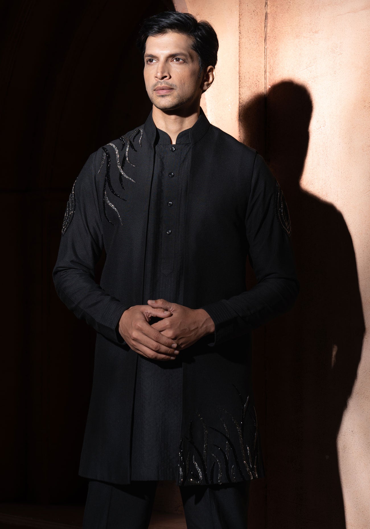 Black Nehru Jacket With Silver Embroidery Set