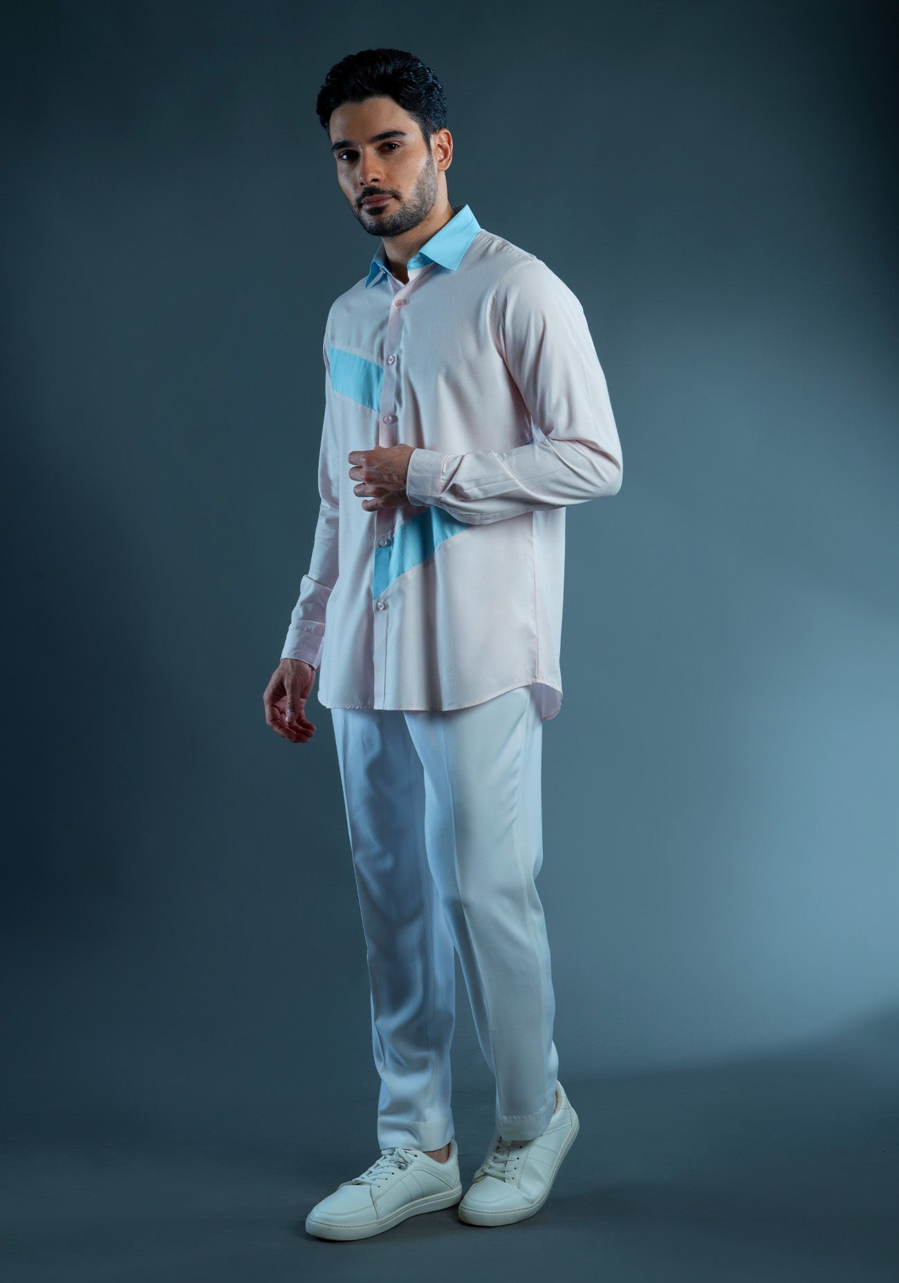 Pink & Blue Cotton Color Block Shirt