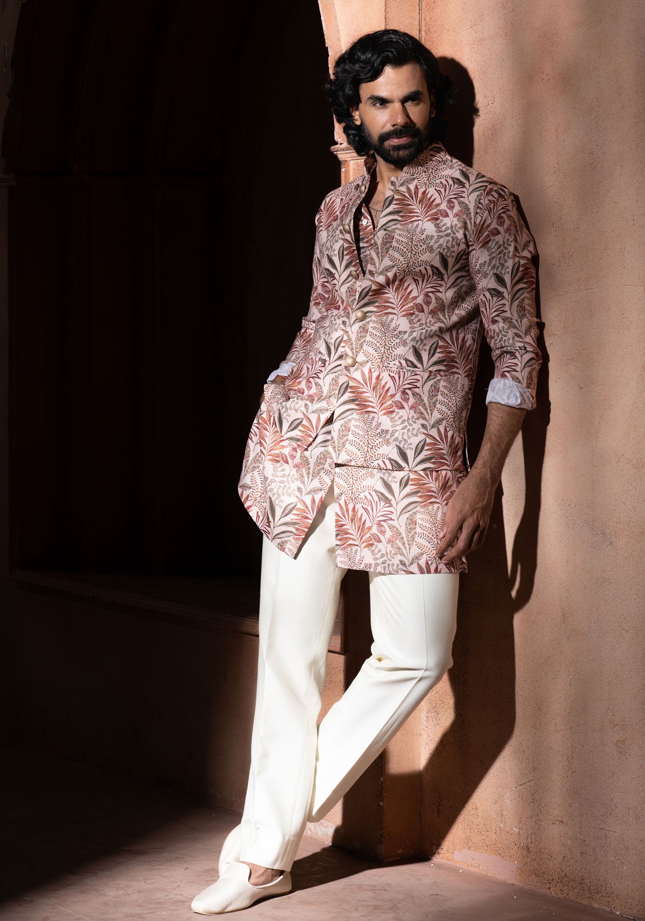Beige Floral Print Nehru Jacket Set