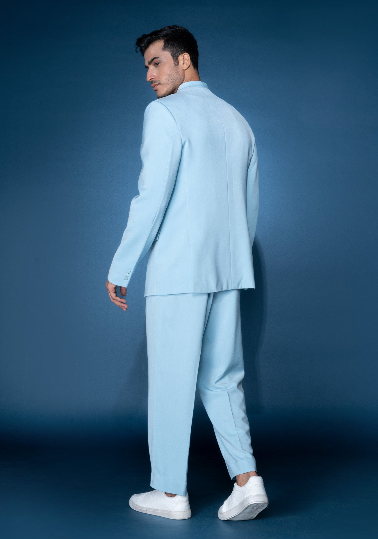 Sky blue collarless jacket set