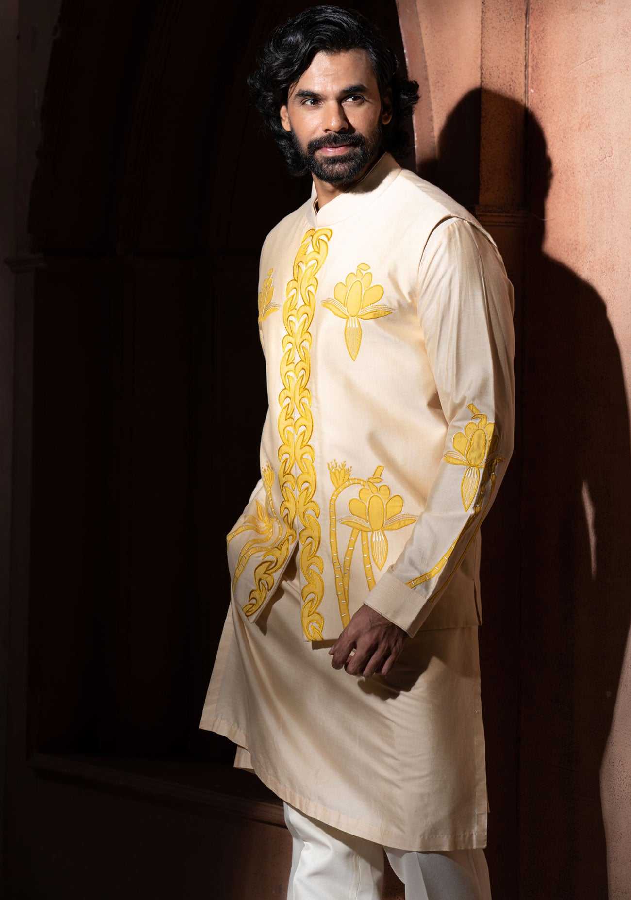 Beige & Yellow Embroidered Nehru Jacket Set