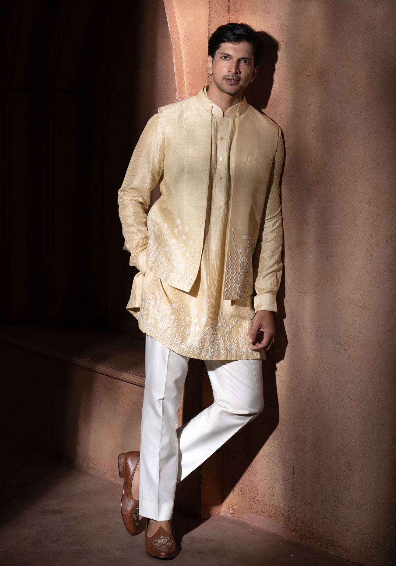 Beige Silk Embroidered Nehru Jacket Set