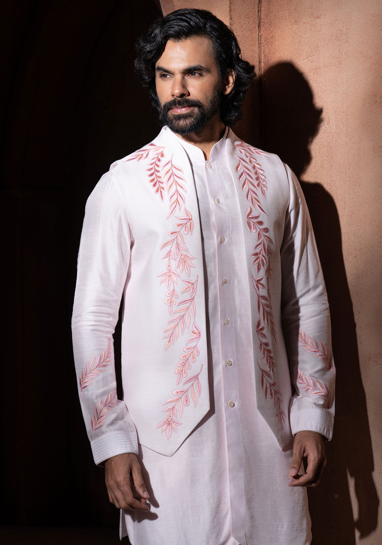 Baby Pink Embroidered Nehru Jacket Set