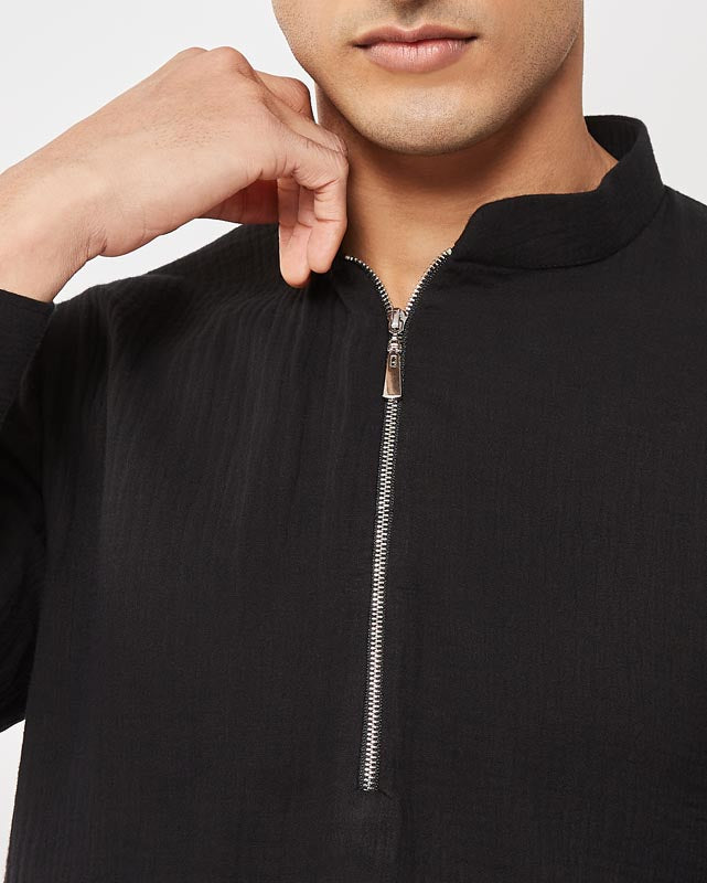 Black Textured Kurta with Zipper
