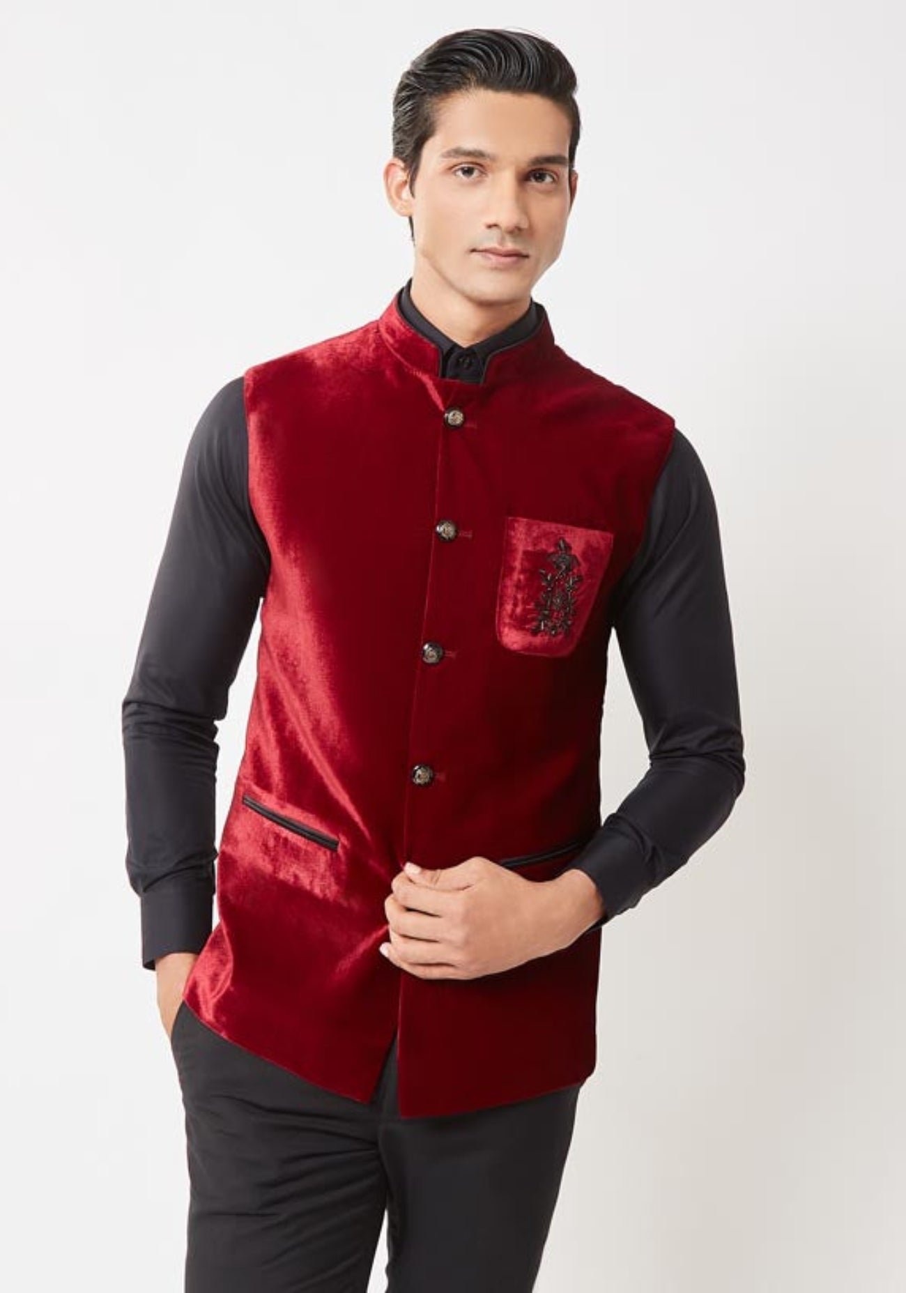 Maroon Pocket Embroidered Nehru Jacket