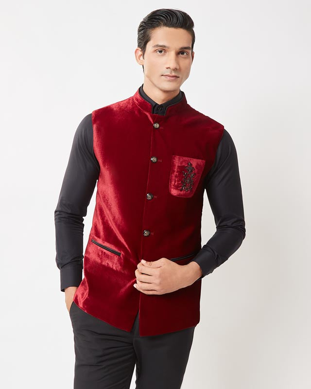 Maroon Pocket Embroidered Nehru Jacket