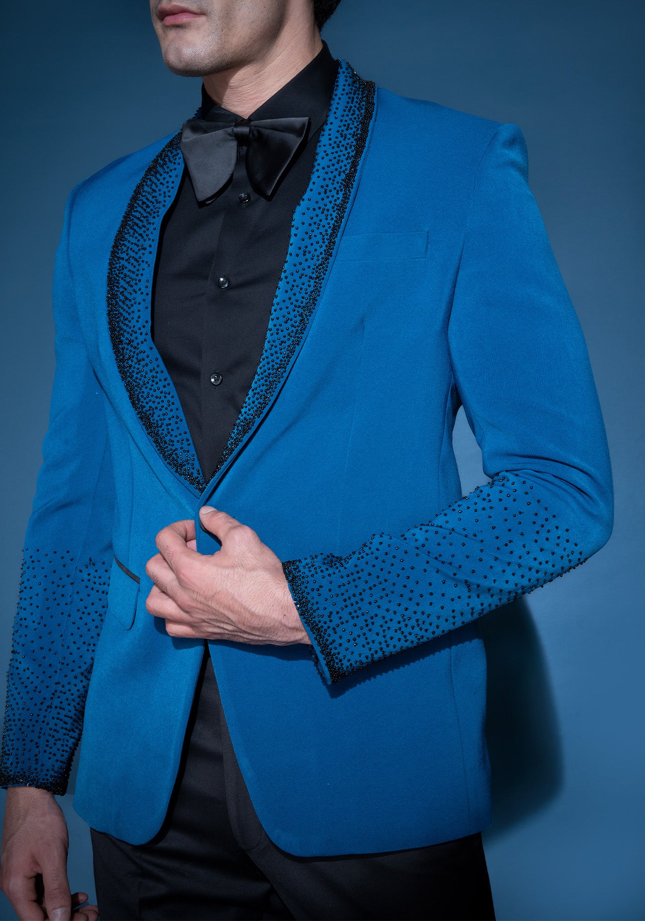 Cobalt blue sequin embroidered tuxedo