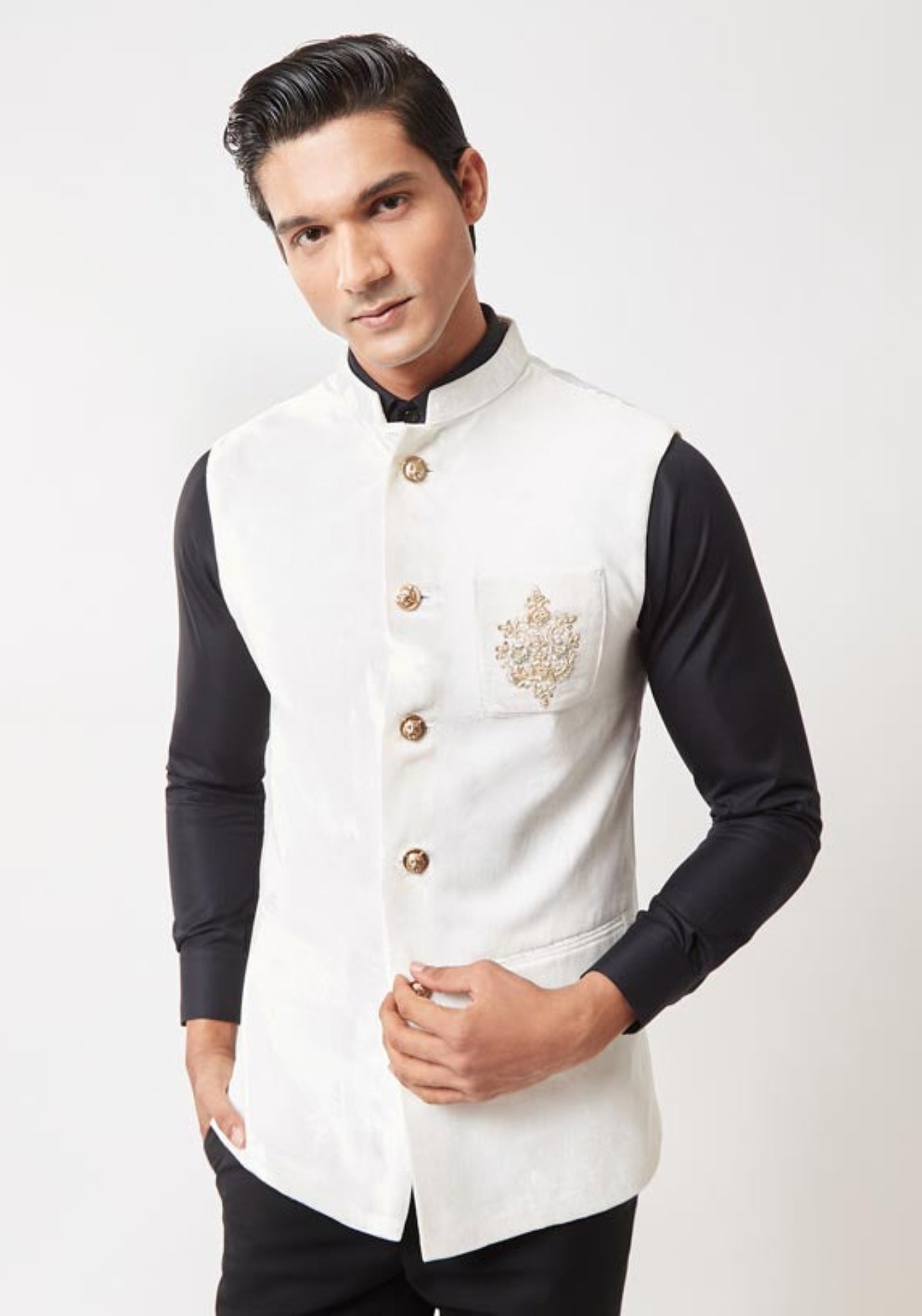 White Floral Embroidered Nehru Jacket