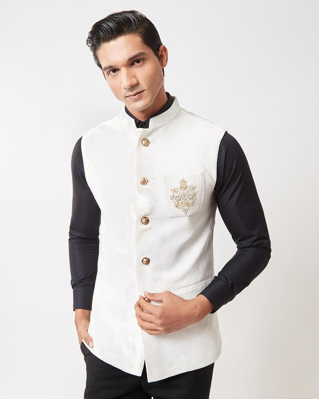 White Floral Embroidered Nehru Jacket