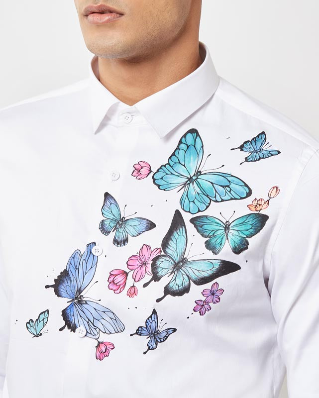 White Hand painted Butterfly Shirt