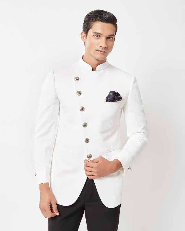 White asymmetrical Patterned Bandhgala