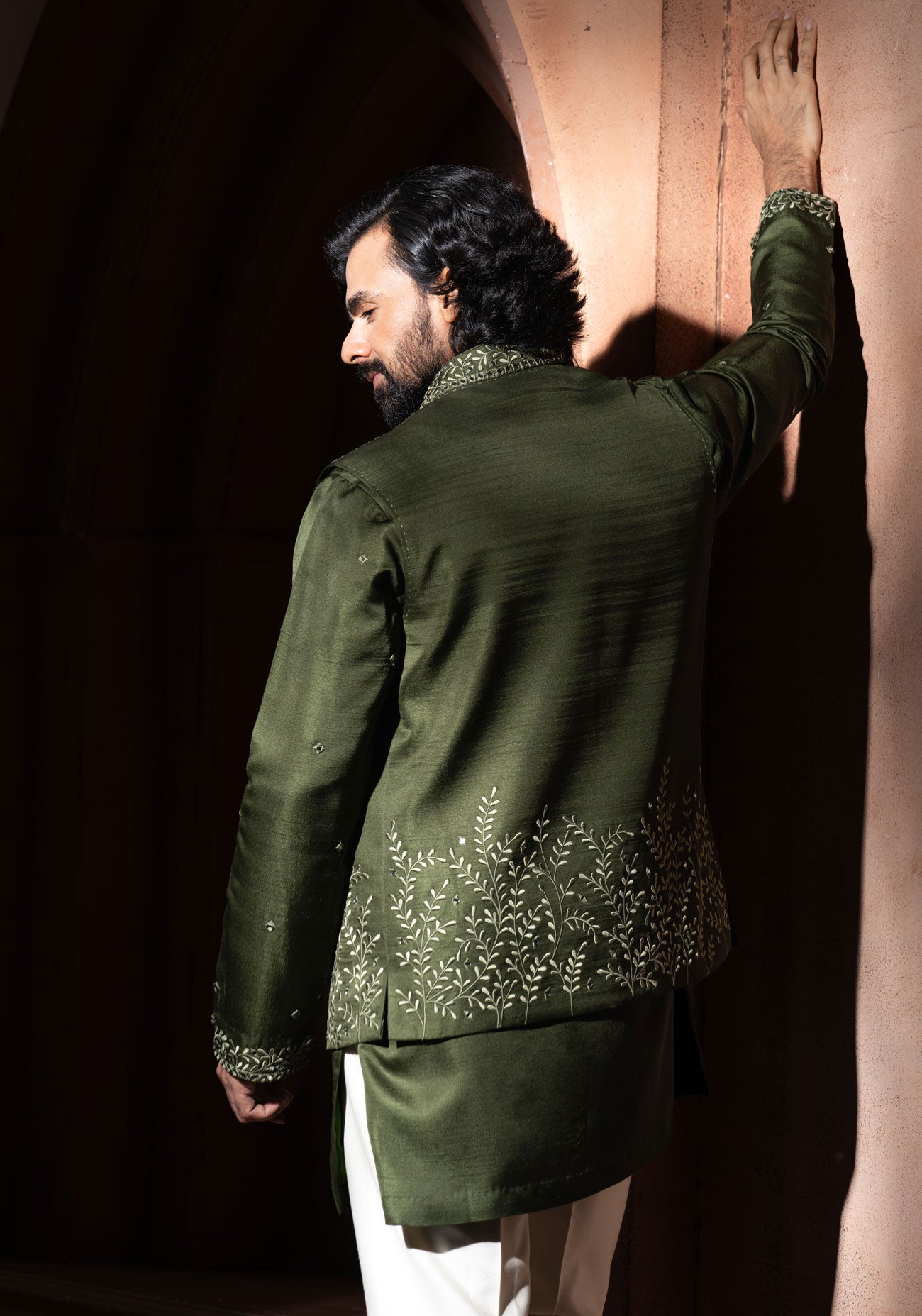 Olive Green Embroidered Nehru Jacket Set