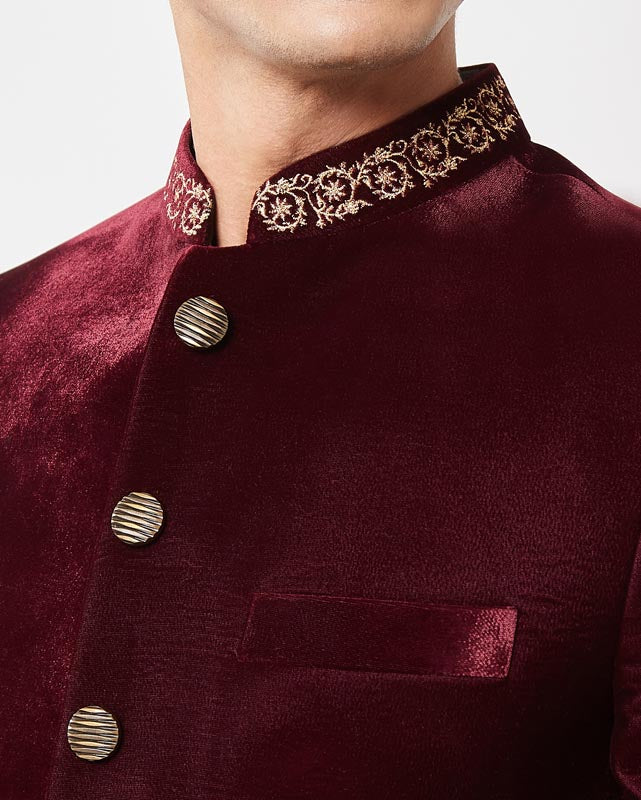 Maroon Velvet Gold Zari Embroidered Bandhgala