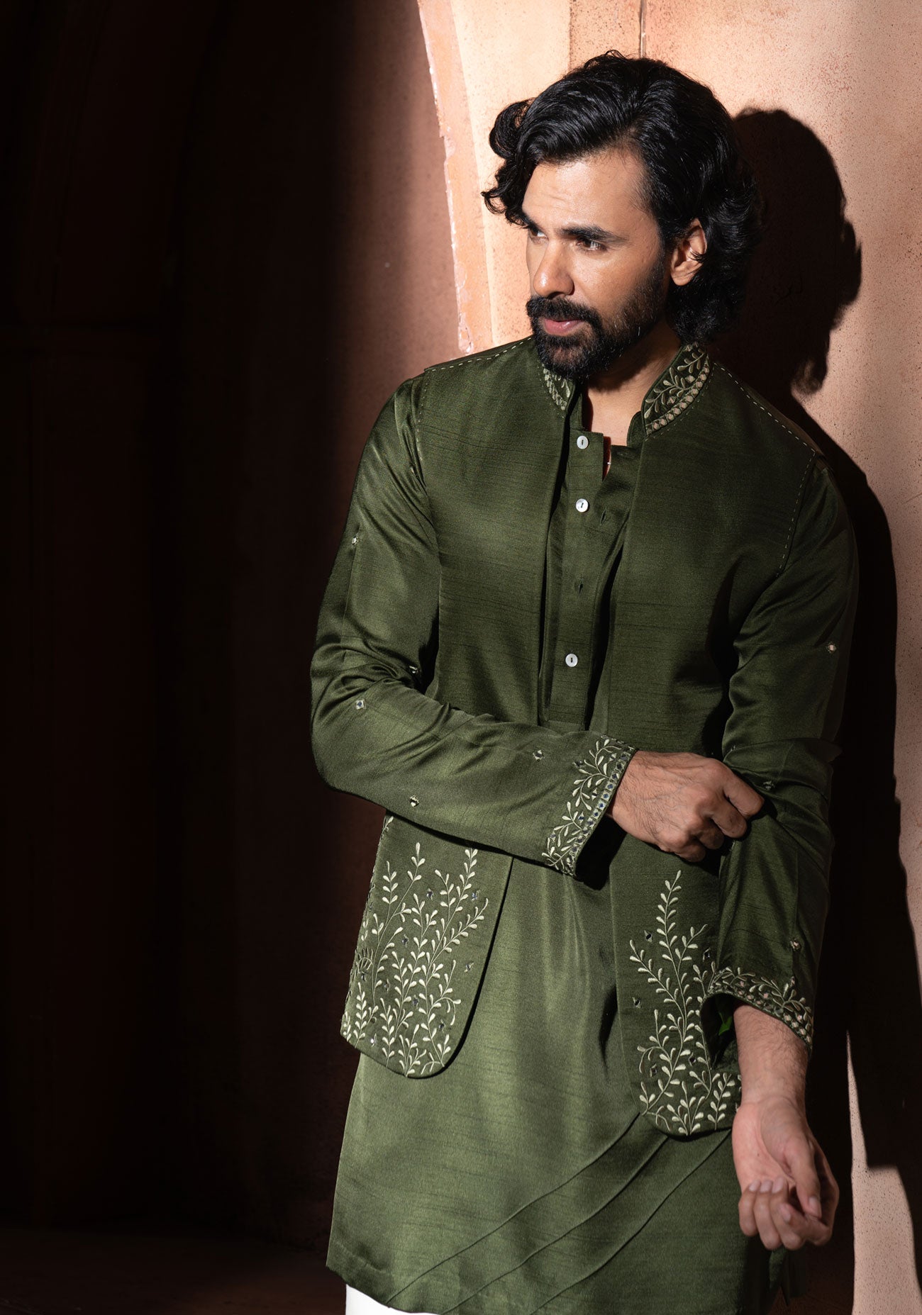 Olive Green Embroidered Nehru Jacket Set