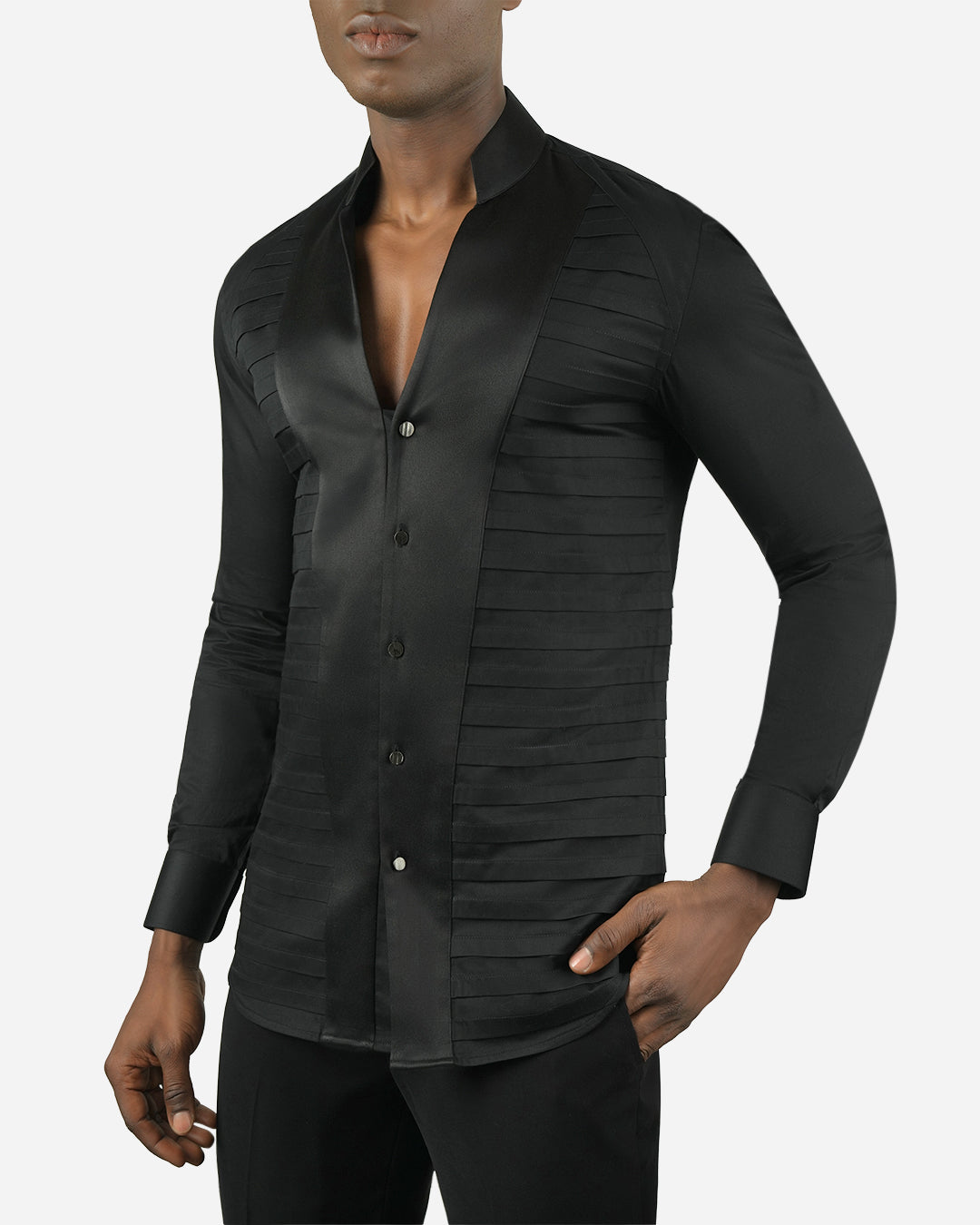 Black Satin Pleated Shirt