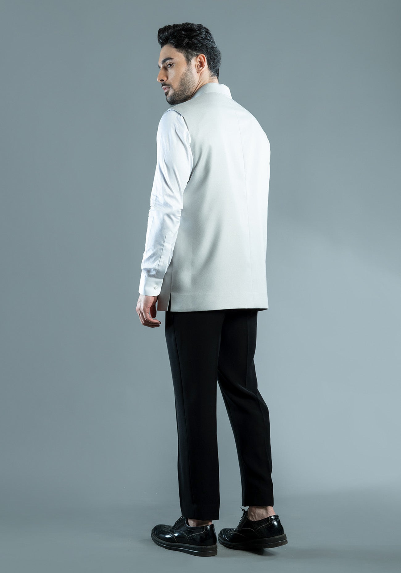 Grey Textured Nehru Jacket With Patch Pockets