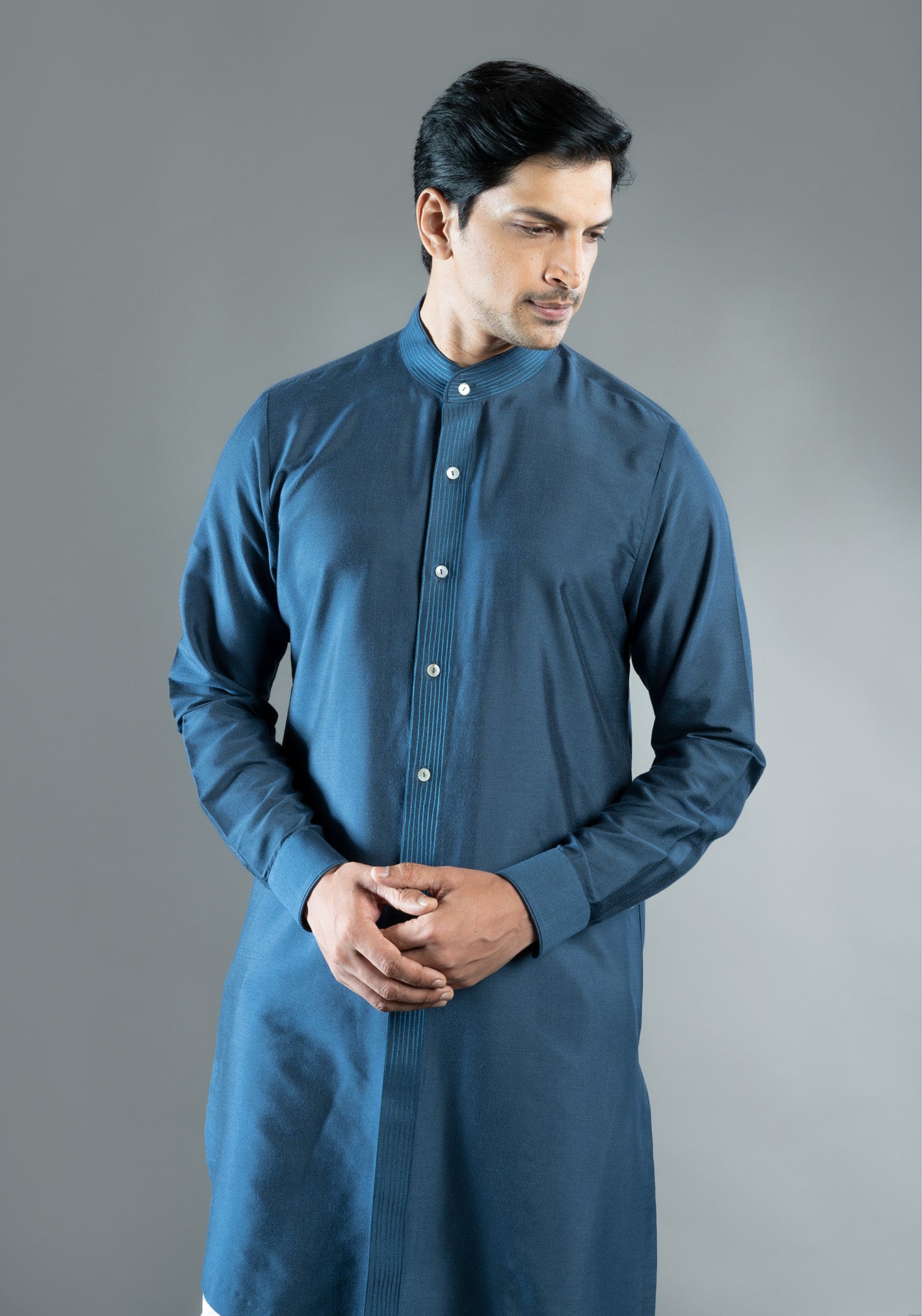 Navy Blue Asymmetric Embroidered Kurta