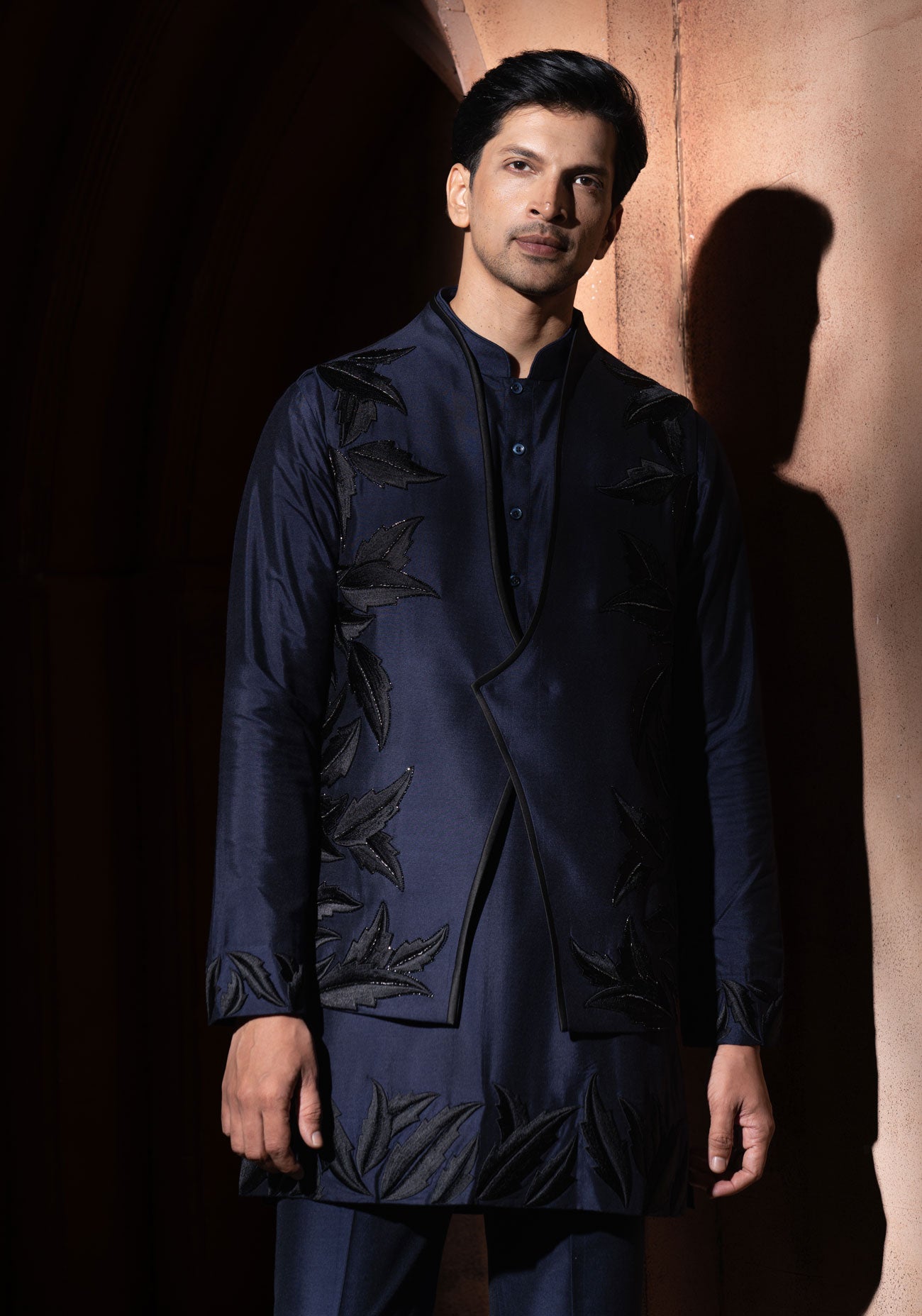 Navy Blue Leaf Embroidered Nehru Jacket Set