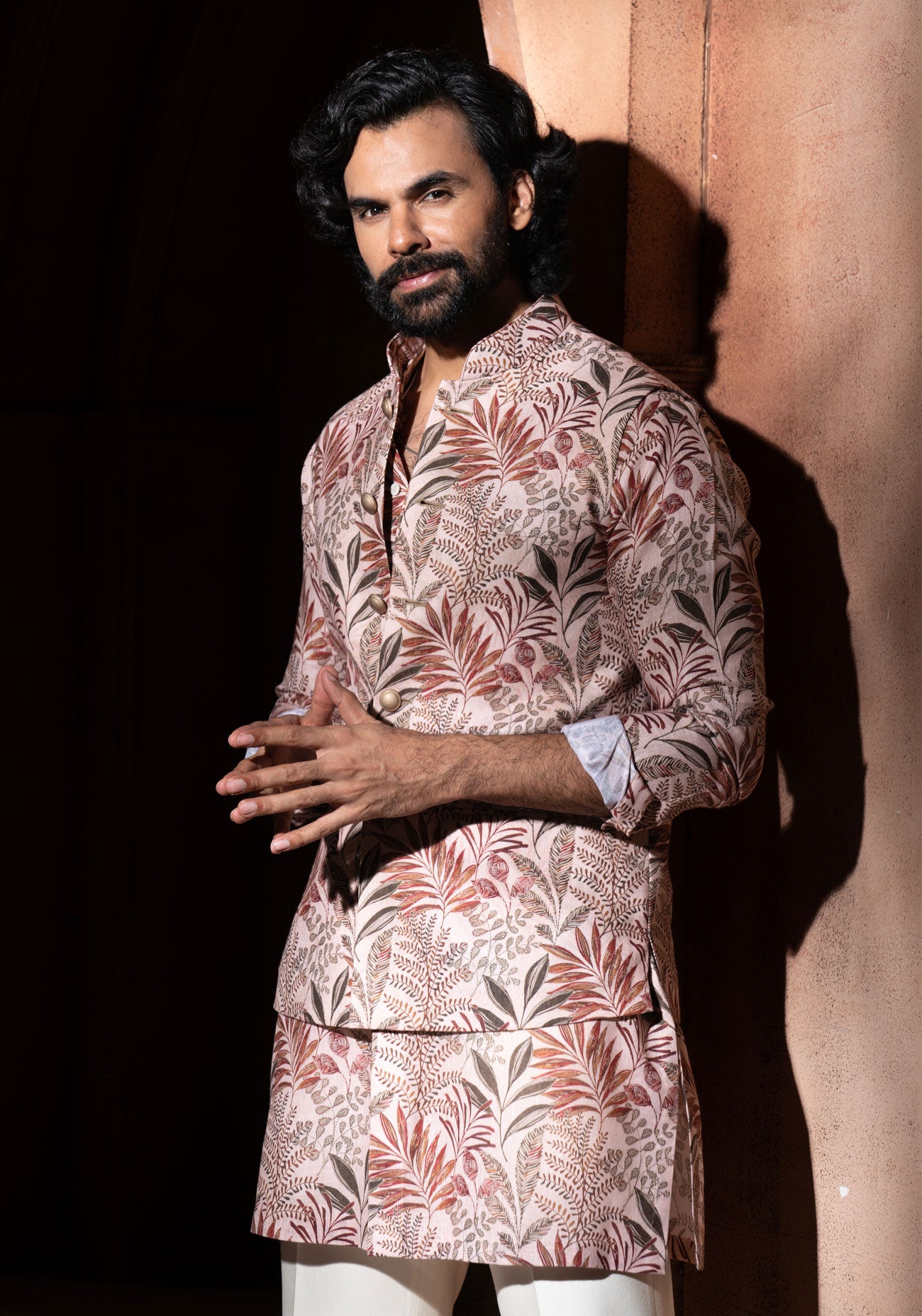 Beige Floral Print Nehru Jacket Set