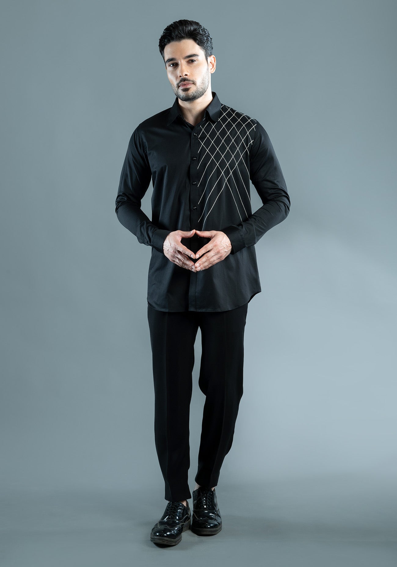 Black Cotton Criss Cross Embroidered Shirt