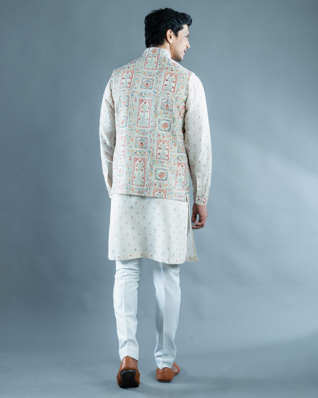 Cream Floral Printed & Embroidered Nehru Jacket Set