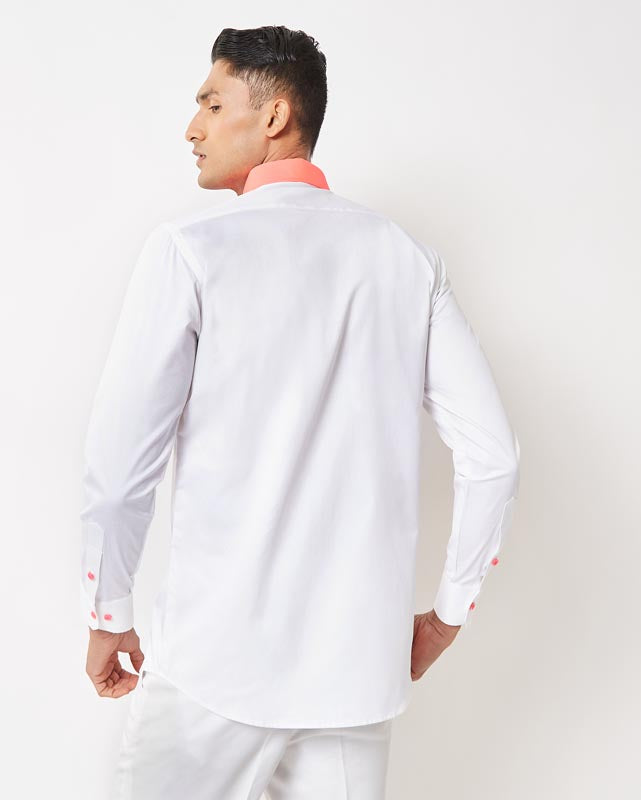 White & Fluorescent Pink Color-Block Shirt