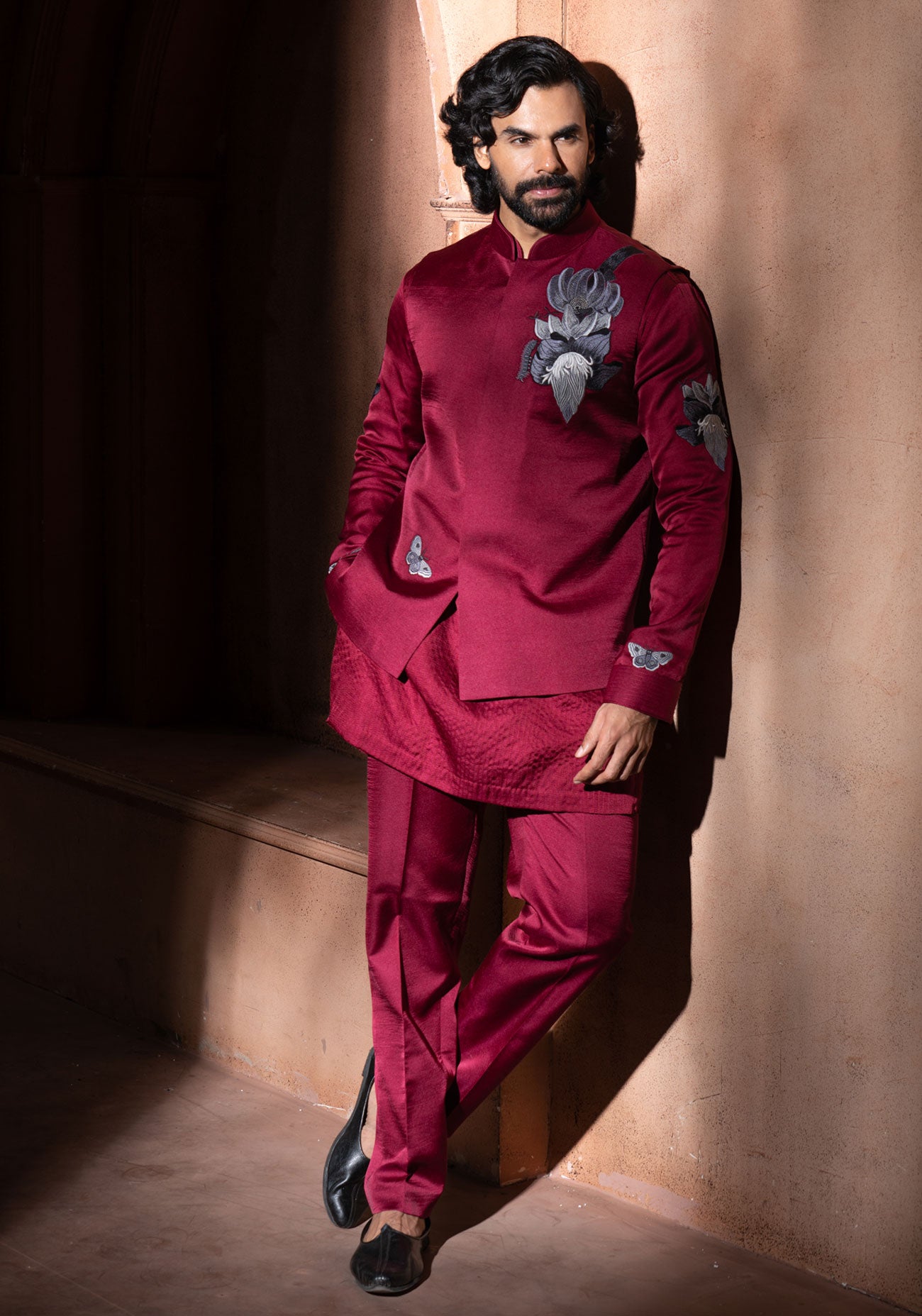 Maroon Embroidered Nehru Jacket Set