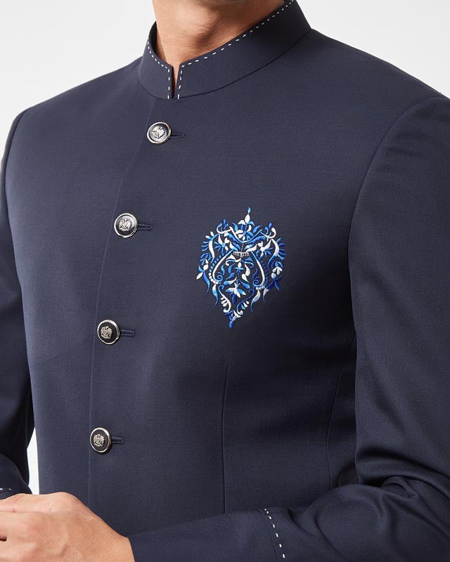Navy Floral Pocket Embroidered Bandhgala