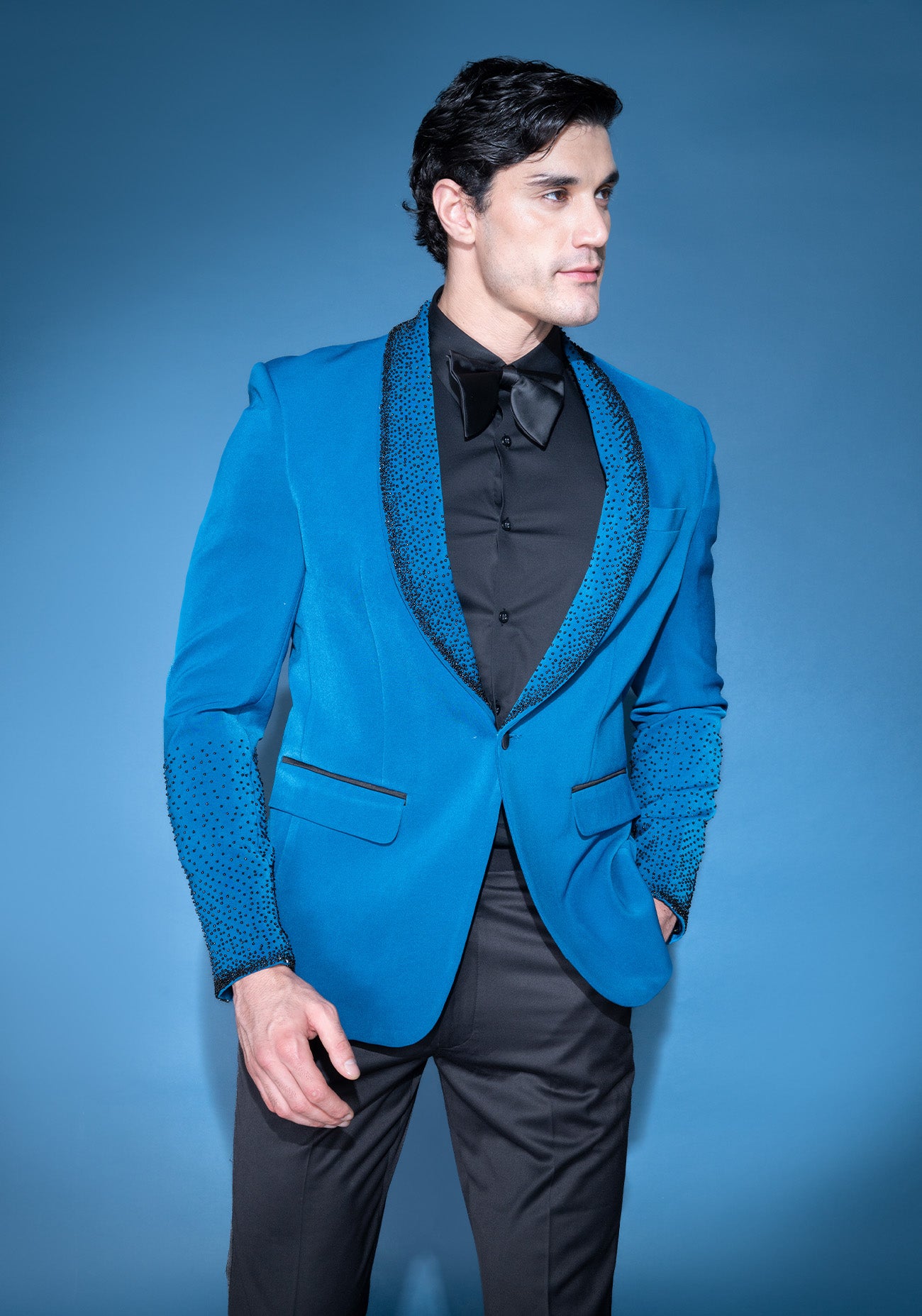 Cobalt blue sequin embroidered tuxedo
