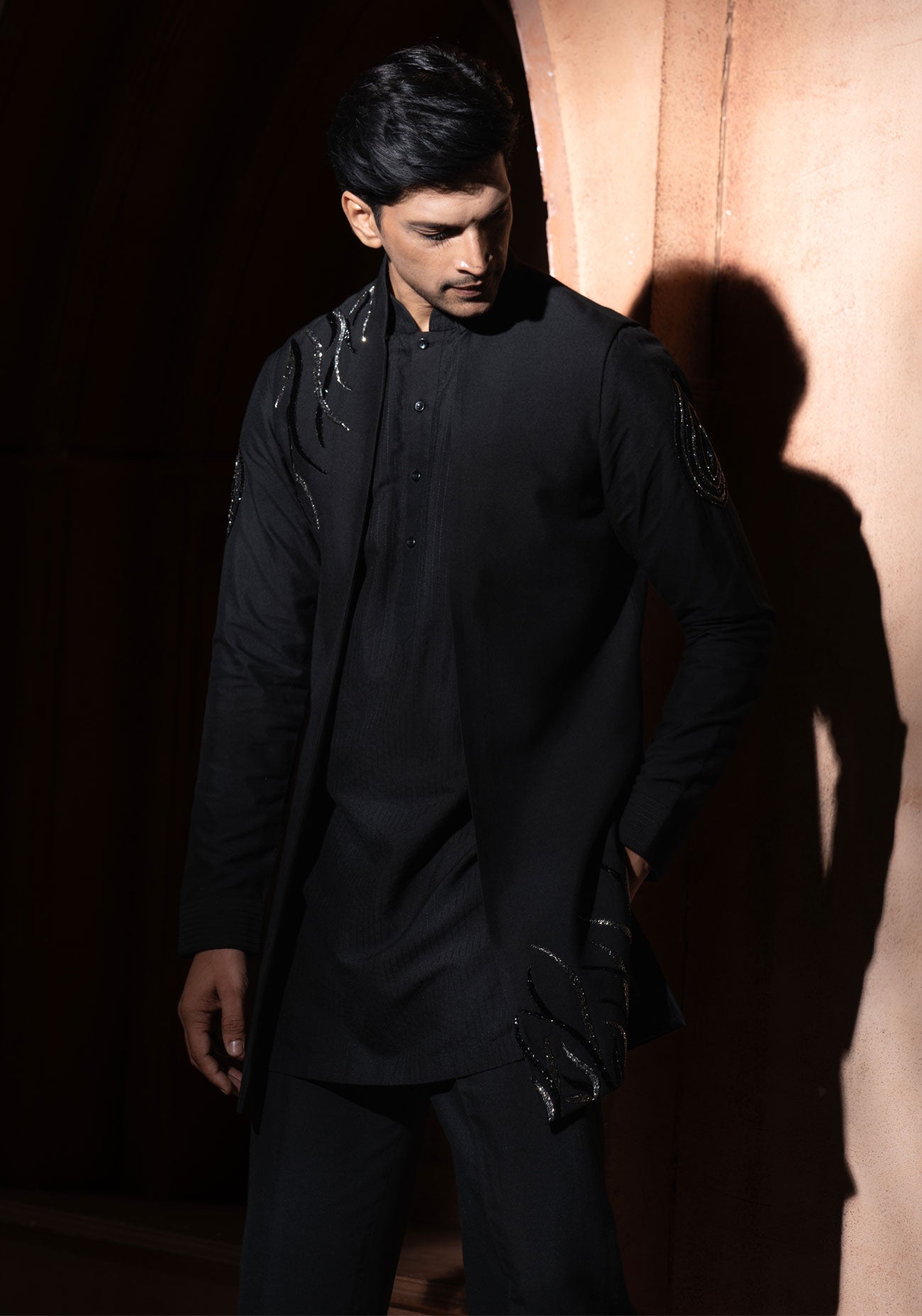 Black Nehru Jacket With Silver Embroidery Set