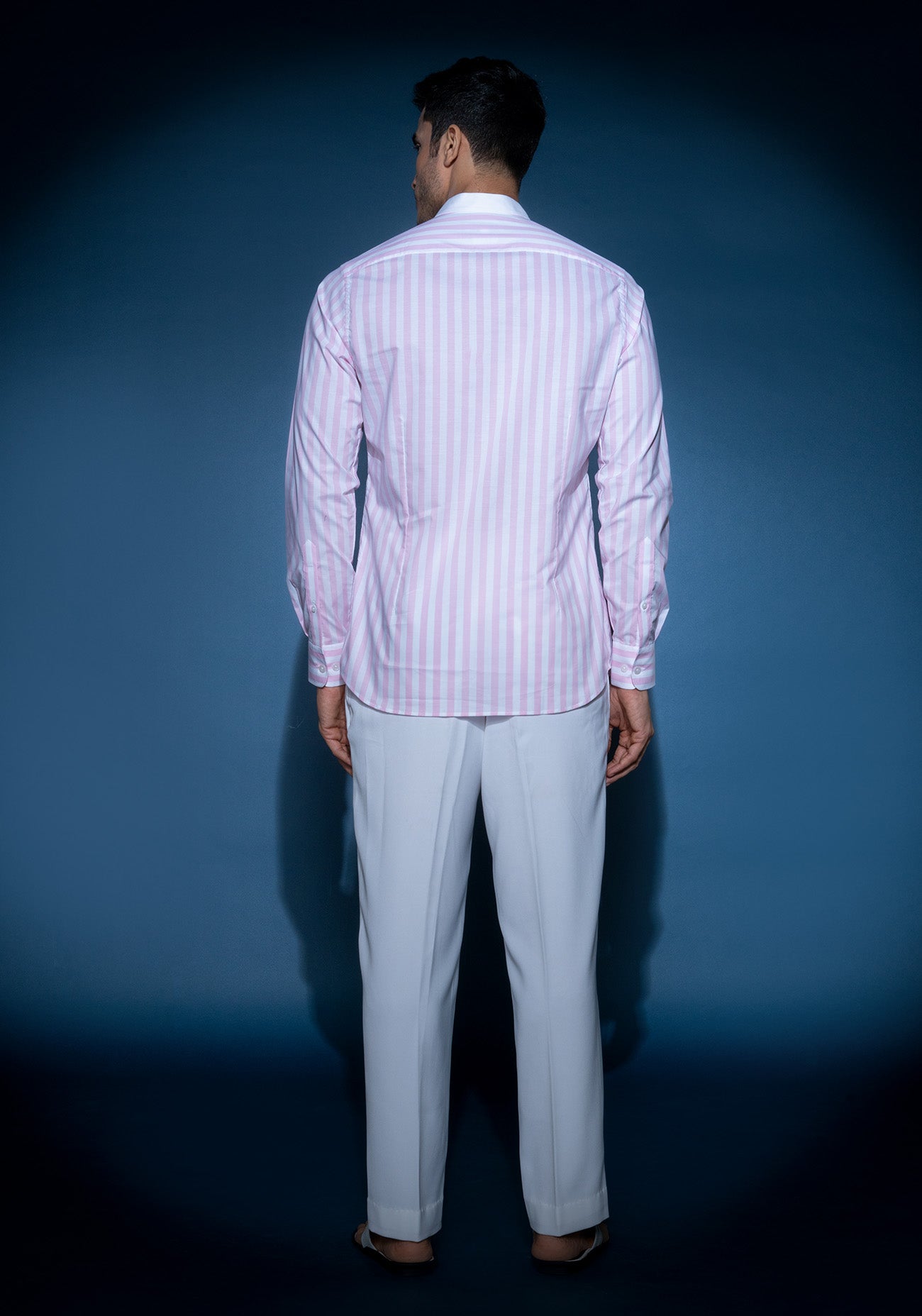 Pink & white striped mandarin collar shirt