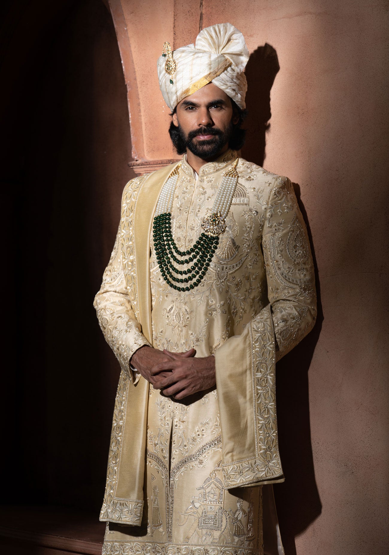 Cream Hand Embroidered Sherwani