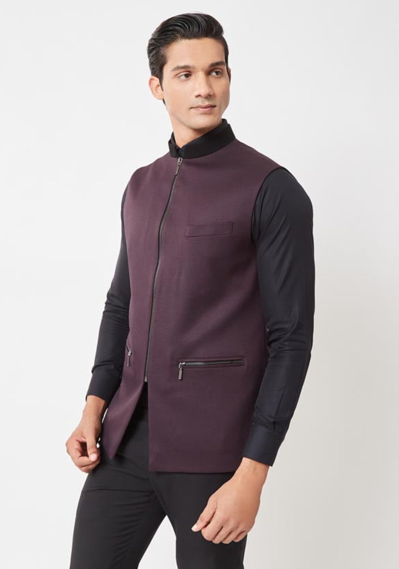 Dark Burgundy Zipper Nehru Jacket