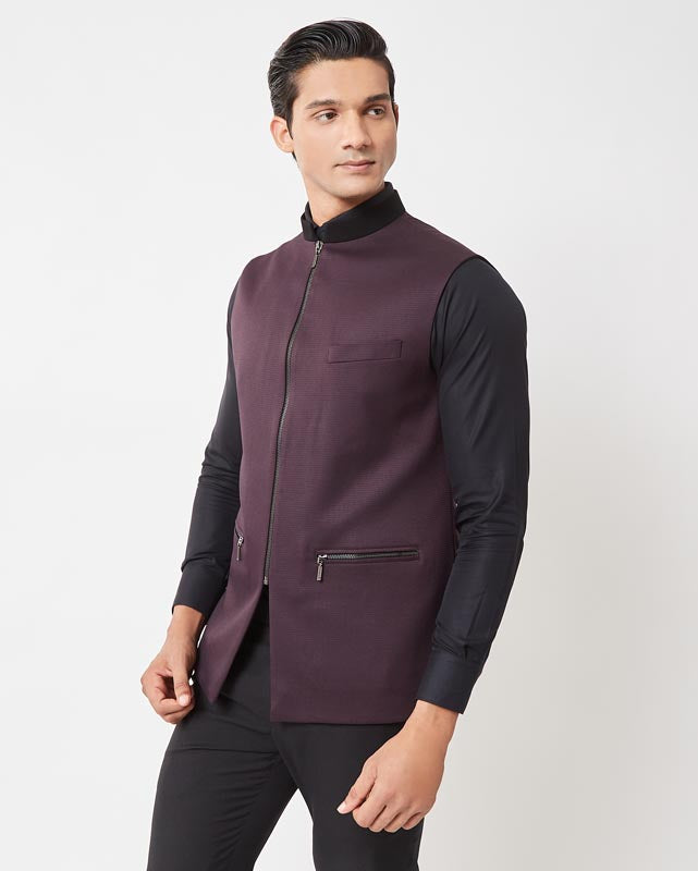 Dark Burgundy Zipper Nehru Jacket