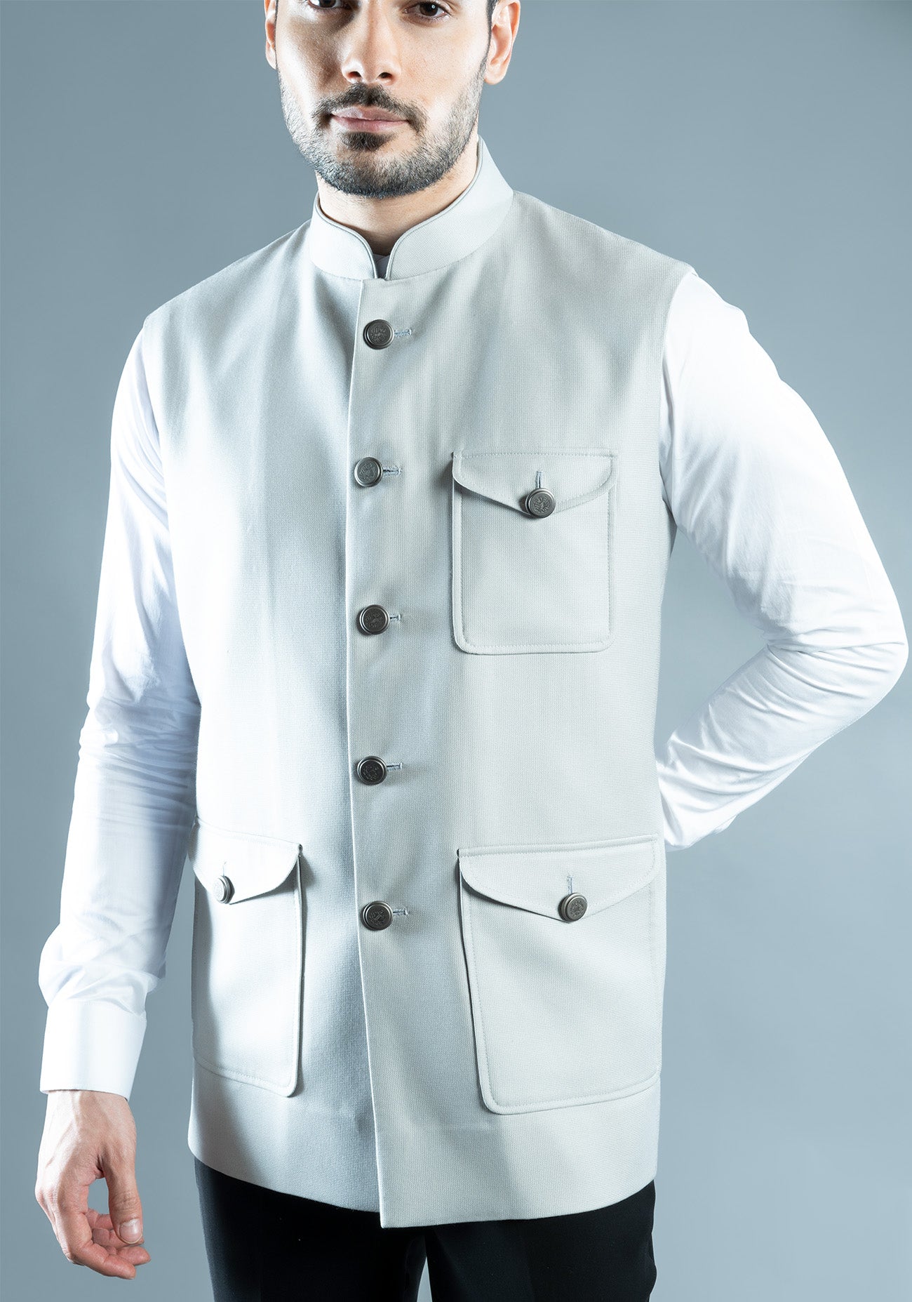 Grey Textured Nehru Jacket With Patch Pockets