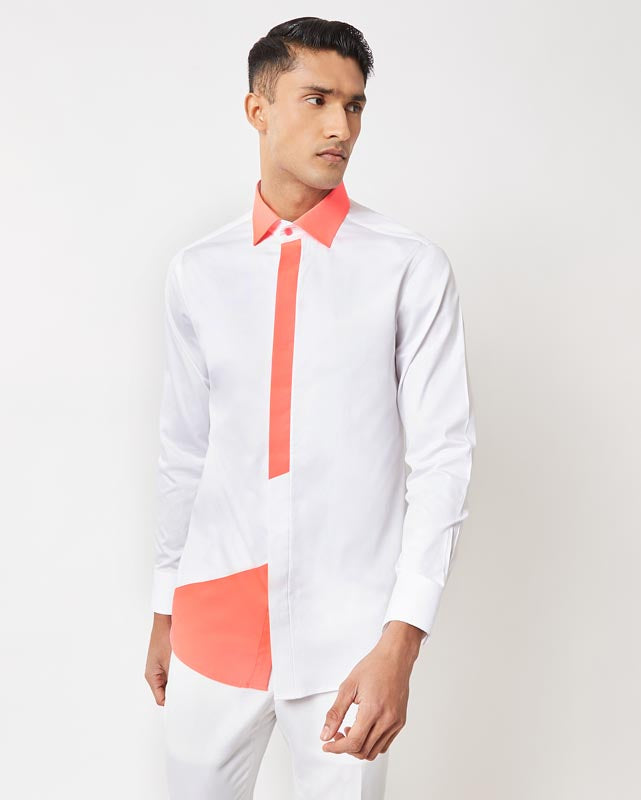 White & Fluorescent Pink Color-Block Shirt