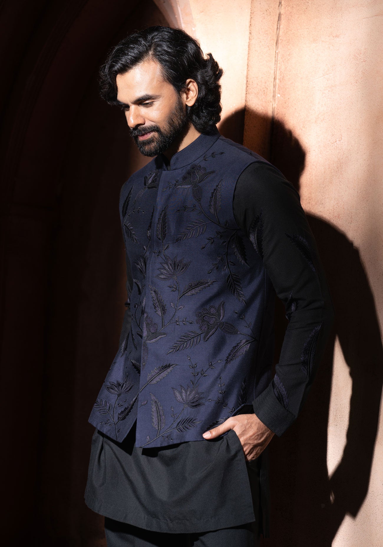 Navy Blue Black Leaf Embroidered Nehru Jacket & Kurta