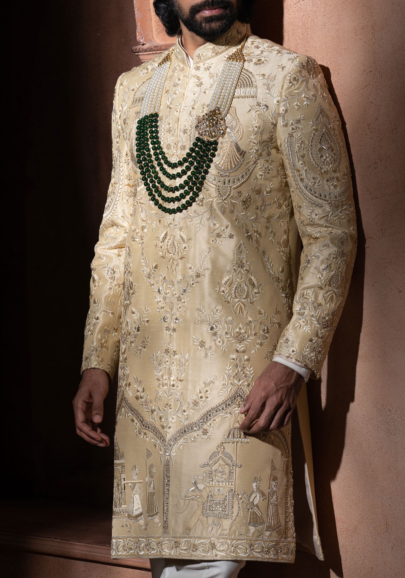 Cream Hand Embroidered Sherwani