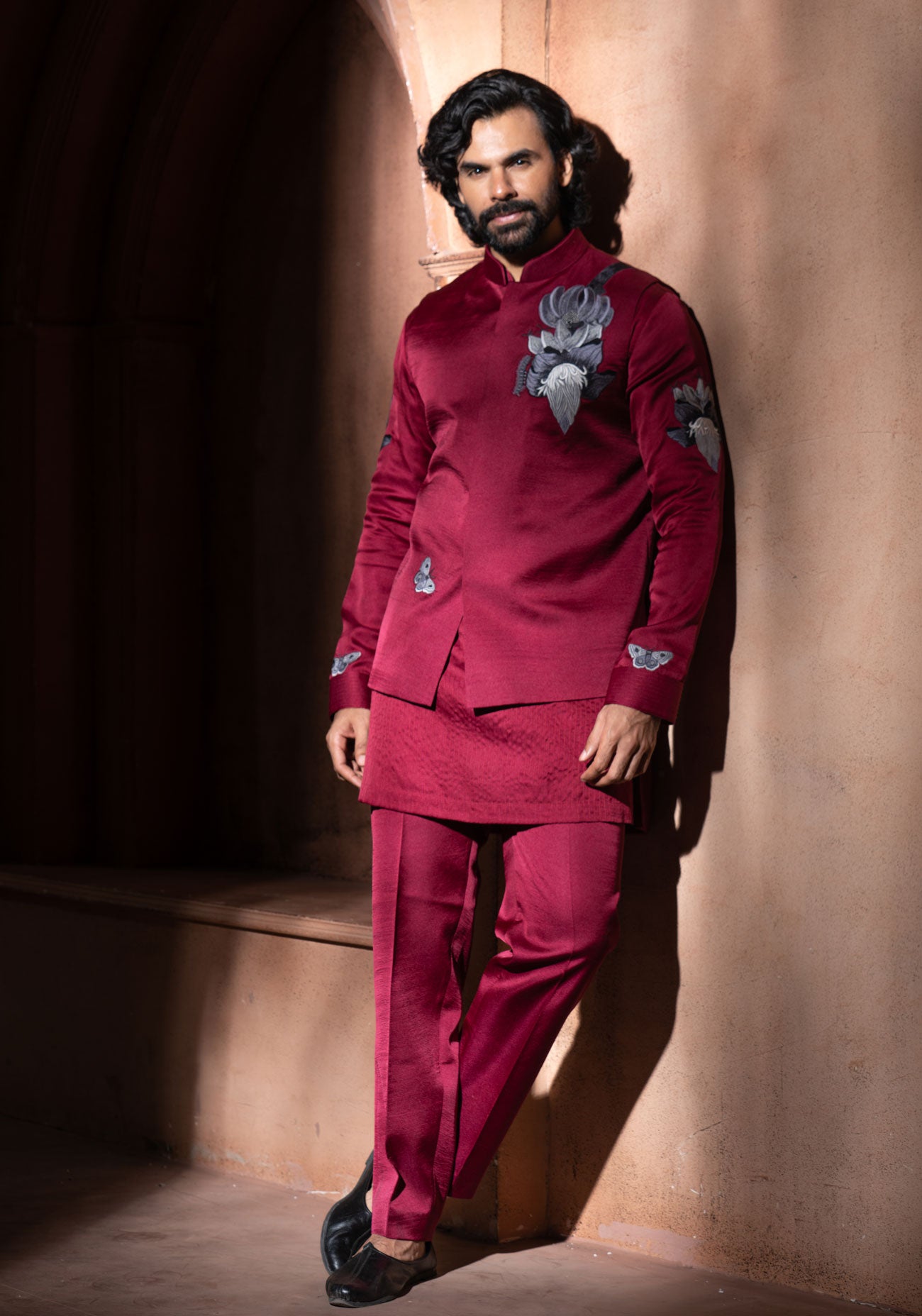Maroon Embroidered Nehru Jacket Set