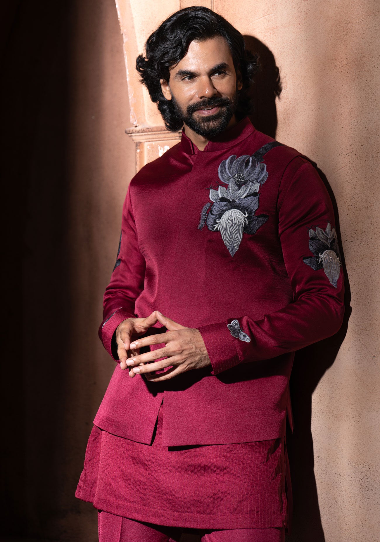 Maroon Embroidered Nehru Jacket Set