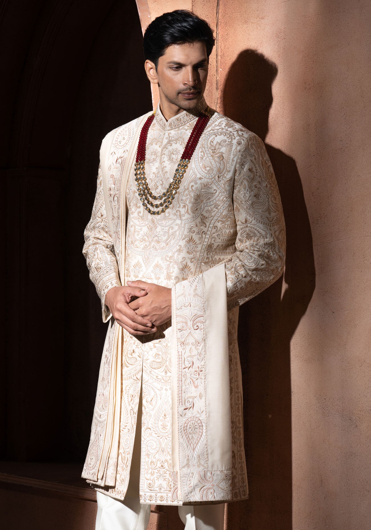 Beige Embroidered Sherwani
