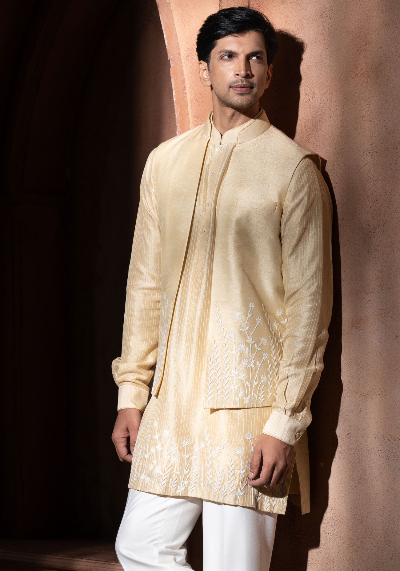 Beige Silk Embroidered Nehru Jacket Set