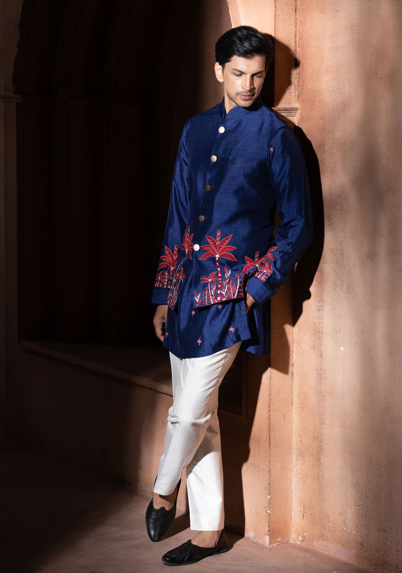 Blue & Red Embroidered Nehru Jacket Set