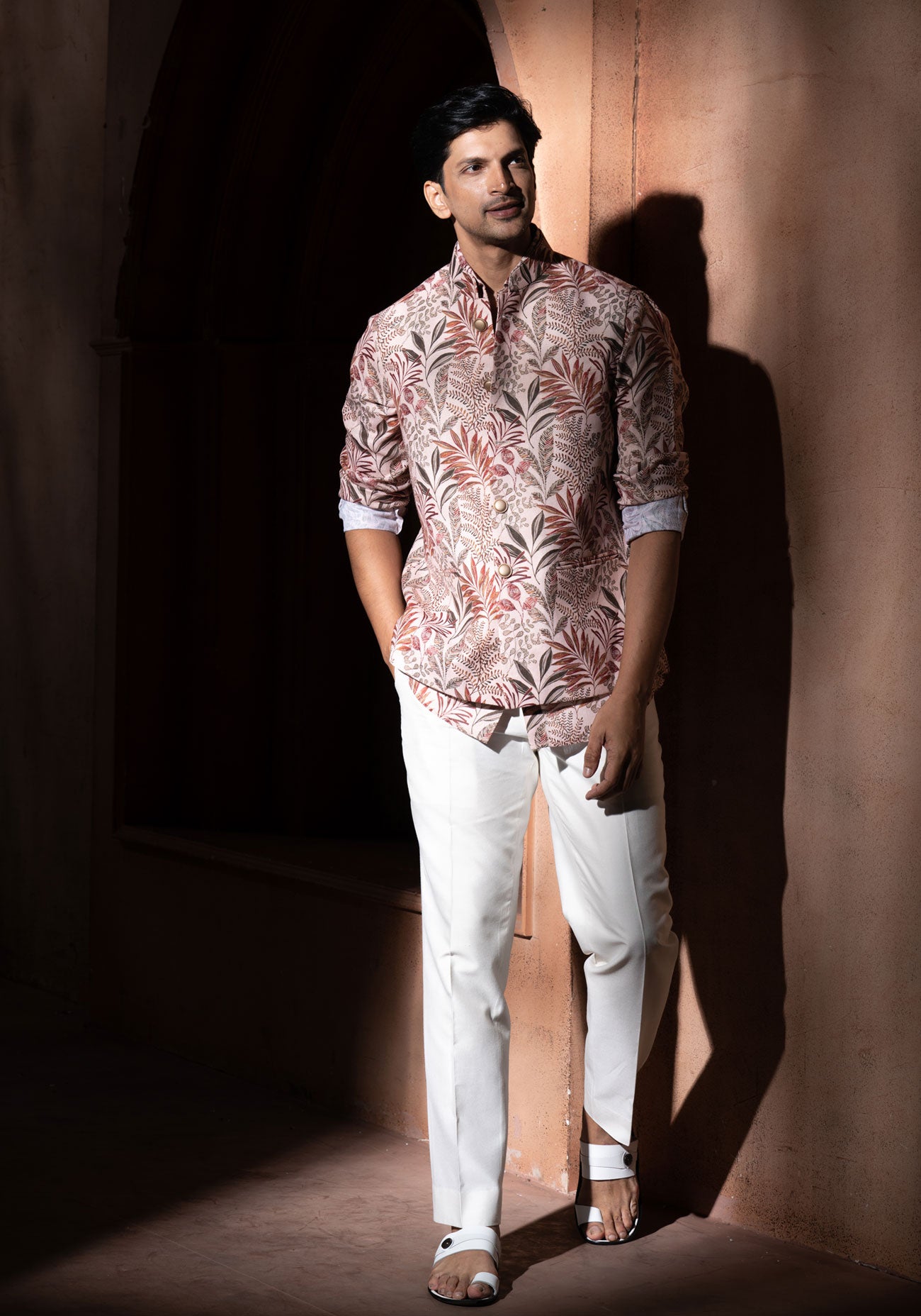 Beige Floral Print Nehru Jacket