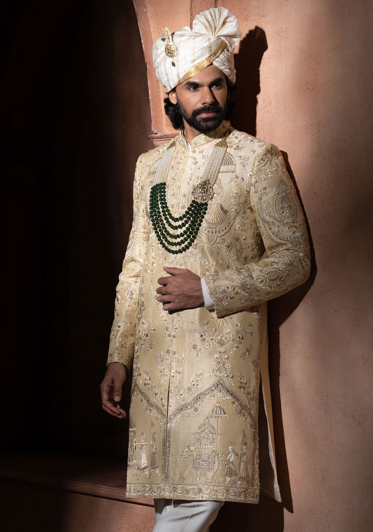 Cream Hand Embroidered Sherwani