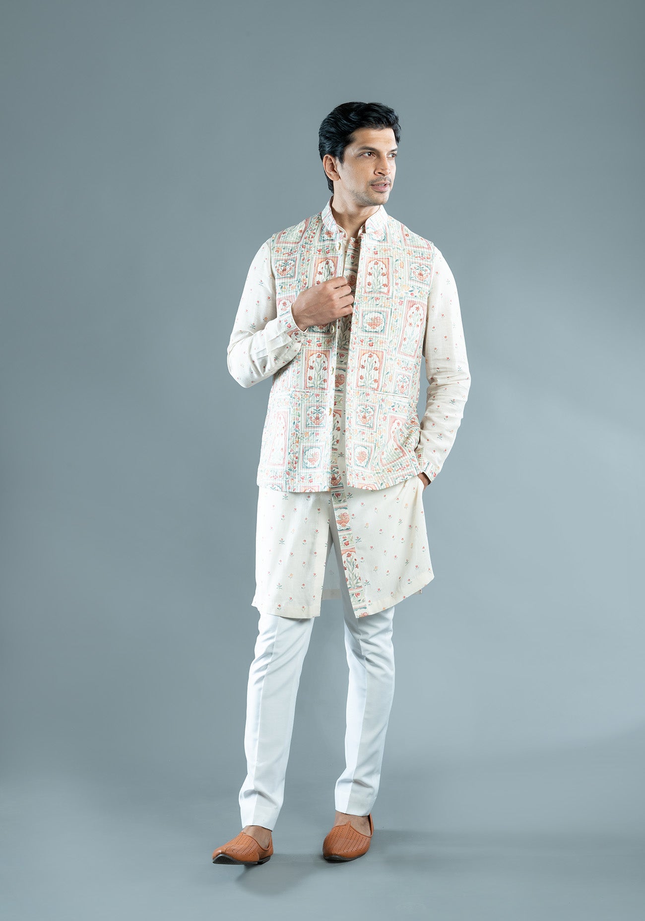 Cream Floral Printed & Embroidered Nehru Jacket Set